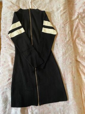 Black Zip-Front Long Sleeve Dress with White Arm Stripes
